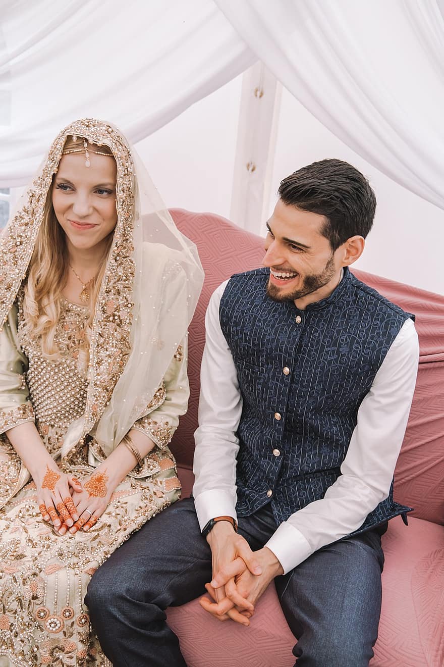 두, 혼례, 연인, 미소, 행복, 파키스탄 결혼식