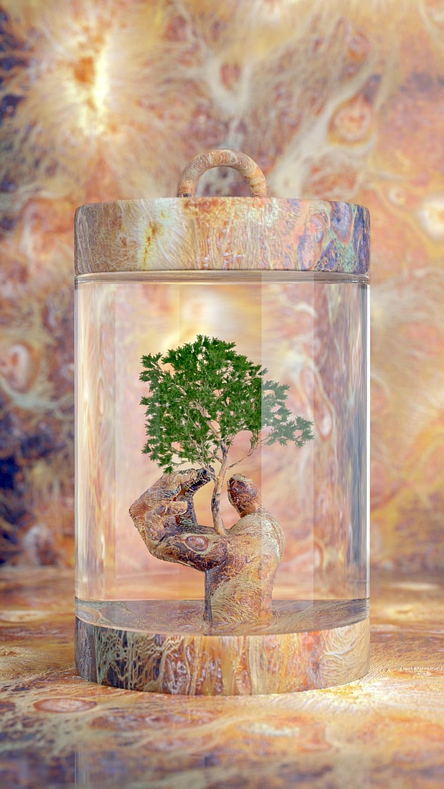 Painting, Imagination, Fantasy, Hand, Glass Bottle, Specimen, Stone, Tree, Superpower, Science Fiction, Brown Science