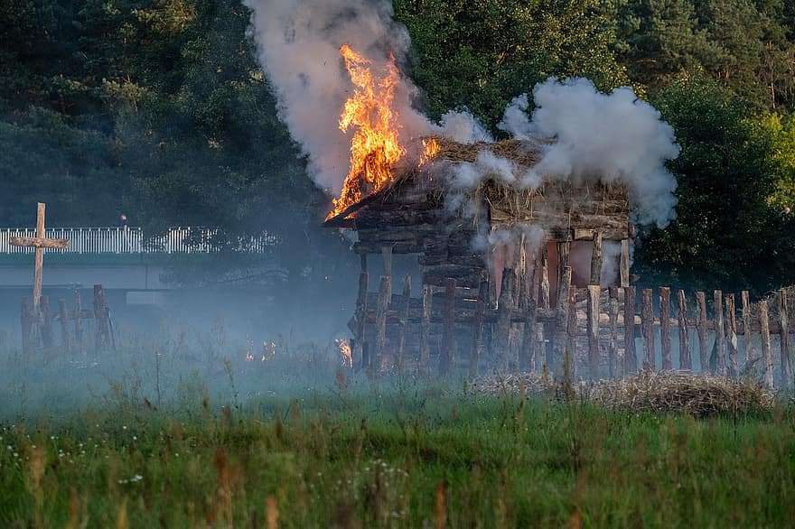 Fire, Burning, Smoke, Explosion, Staging, Reconstruction, Wooden Building, Field