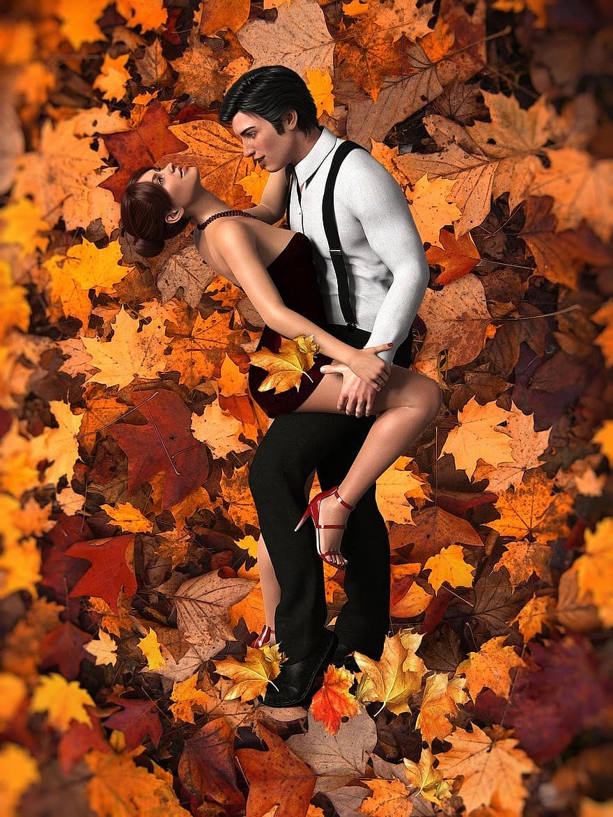 yêu và quý, cặp đôi, lá mùa thu, cùng với nhau, lãng mạn, vui mừng, tưởng tượng