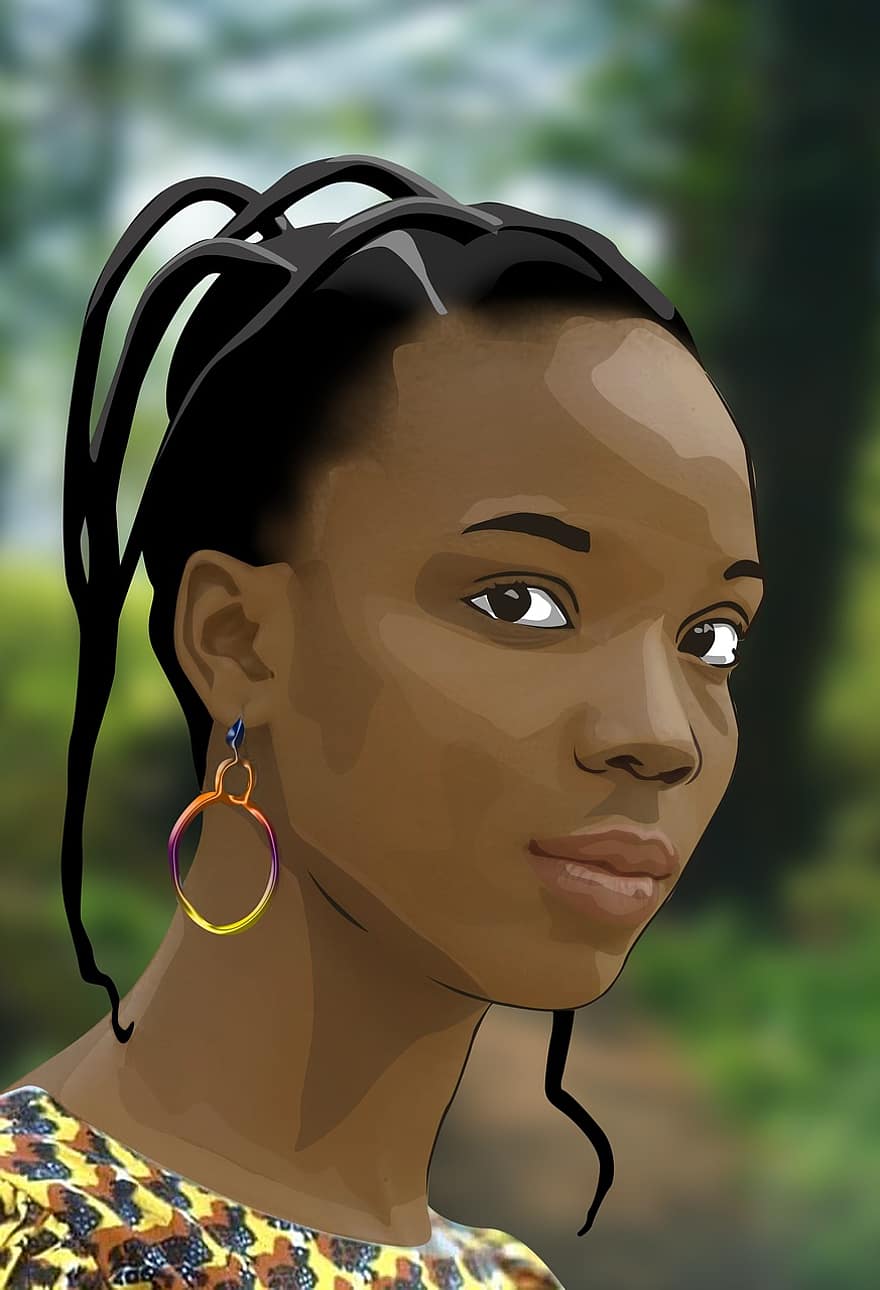 África, mulher africana, Preto, mulher negra, desenhando, desenho animado, bonita, beleza, trança, joalheria, lindo