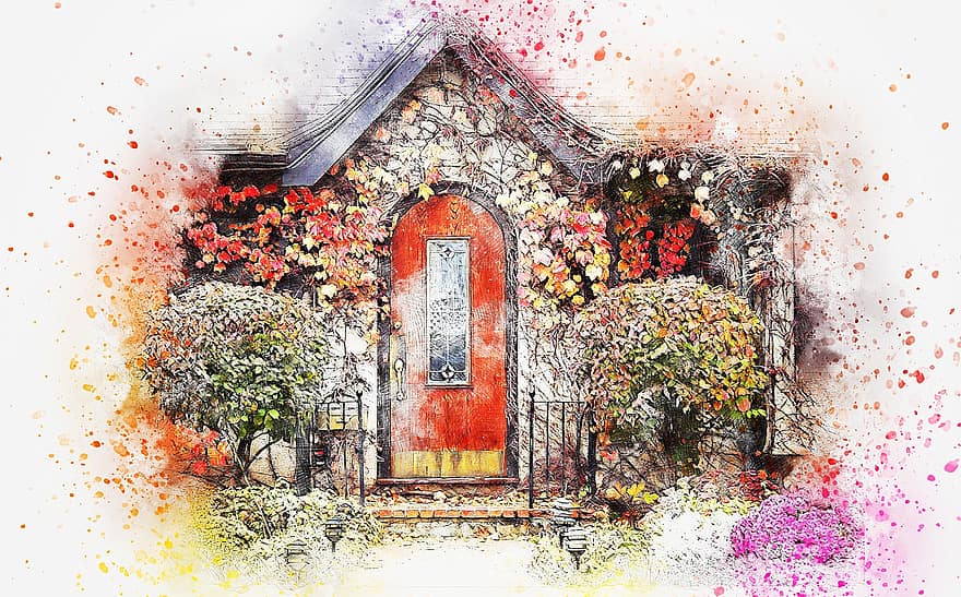 Flowers, Door, Cottage, Art, Watercolor, Nature, Vintage, Abstract, Artistic, Design, Aquarelle