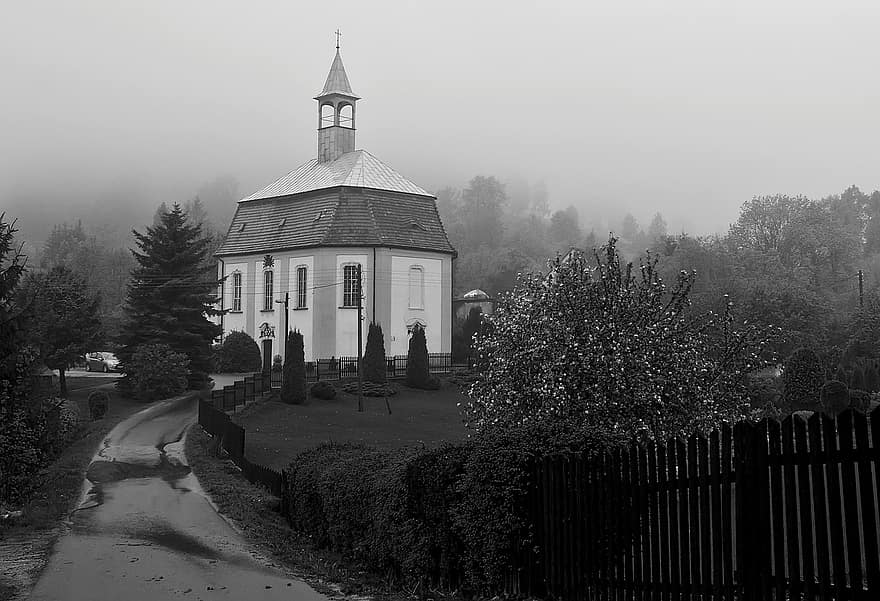 Village, Rain, Monochrome, Way, religion, christianity, architecture, cross, old, history, cultures