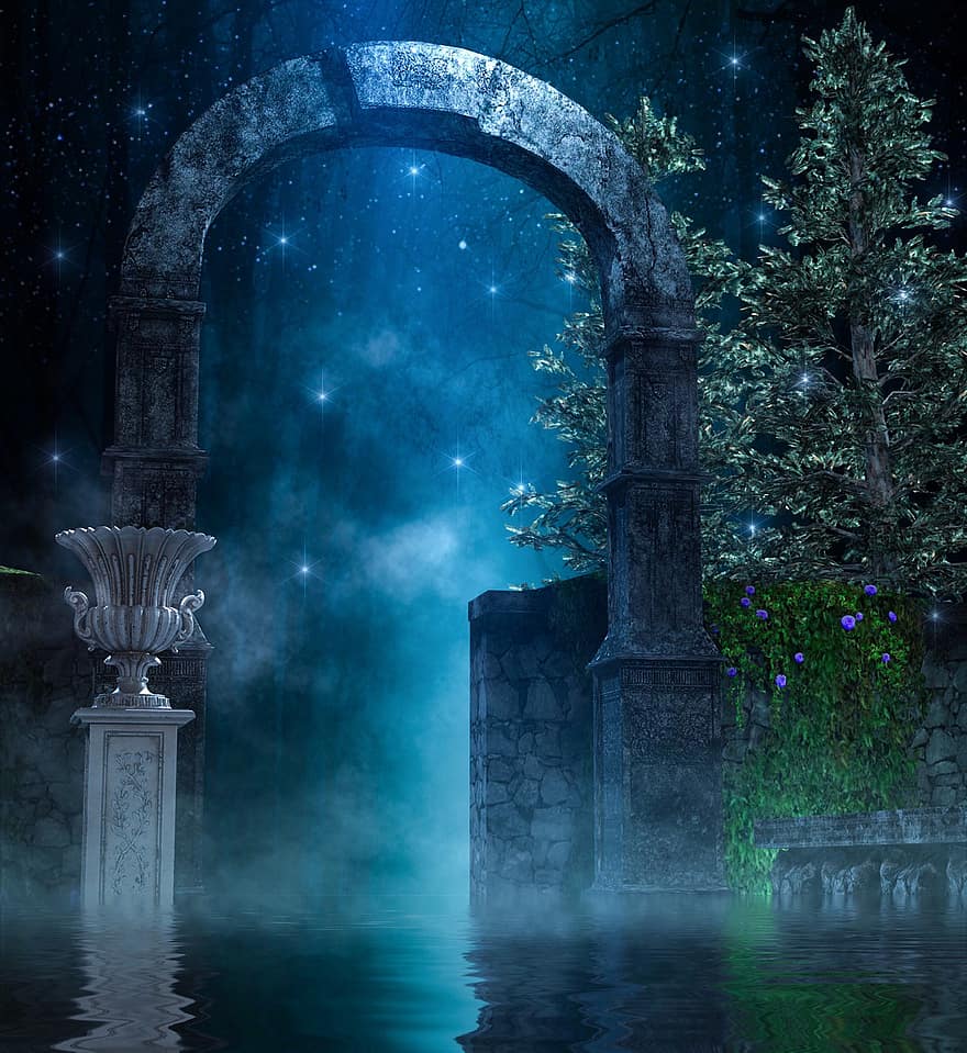 fantazija, arka, ežeras, vanduo, rūkas, šviesos, sparkle, vartai, senovės, gotika, miškas