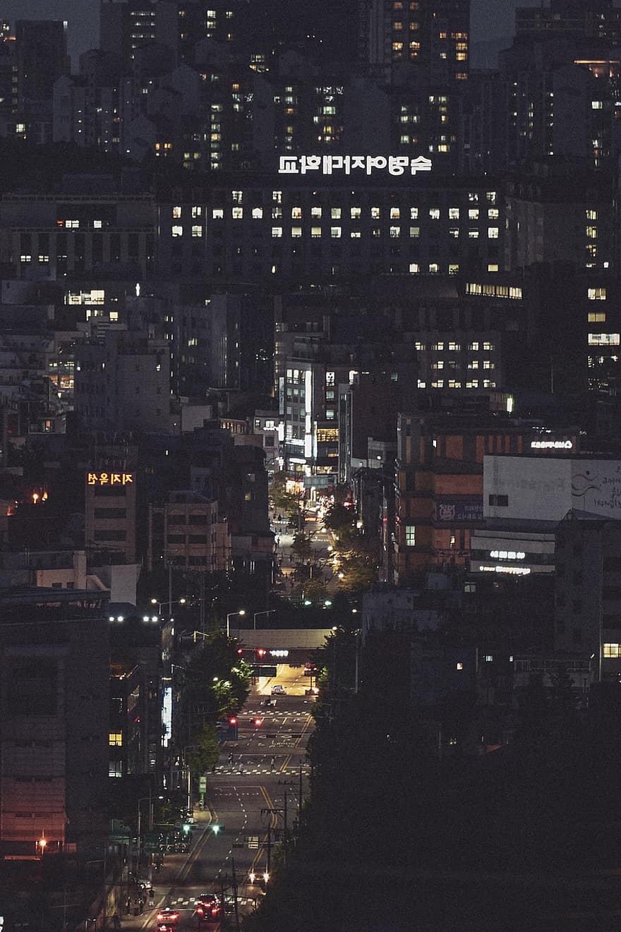 Corea del Sud, strada, notte, Seoul, città, paesaggio, fotografia cinematografica, paesaggio urbano, skyline urbano, crepuscolo, vita di città