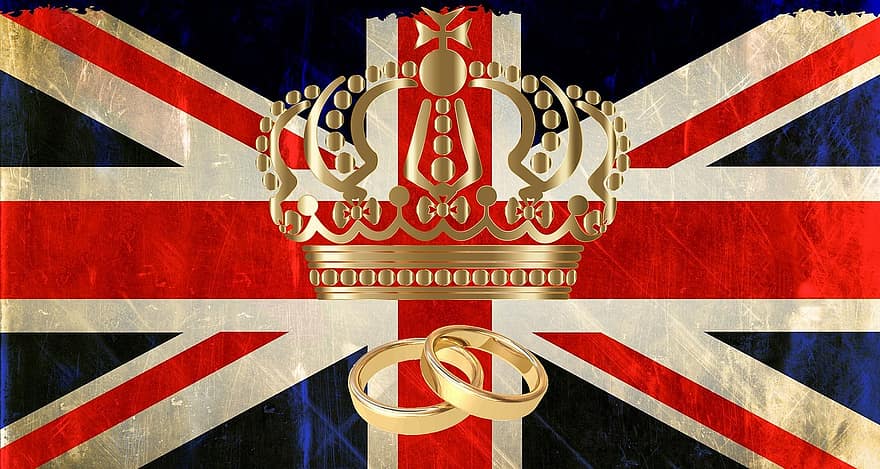 로얄 웨딩, 영국, 단합 된, 왕국, 감청색, 혼례, 왕관, 반지, 깃발