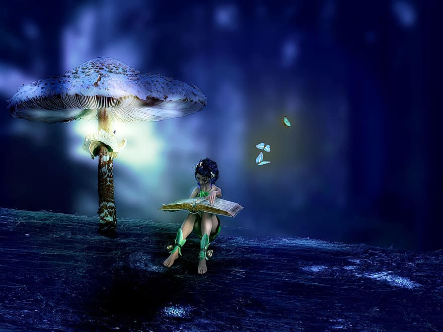 фон, фея, фантазія, магія, казка, природи, гриб, дерево, читати, метелик, цифрове мистецтво