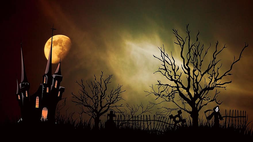 замок, призрачный замок, жутко, Хэллоуин, надгробная плита, мистический, странный, забор, ночь, Луна, свет луны