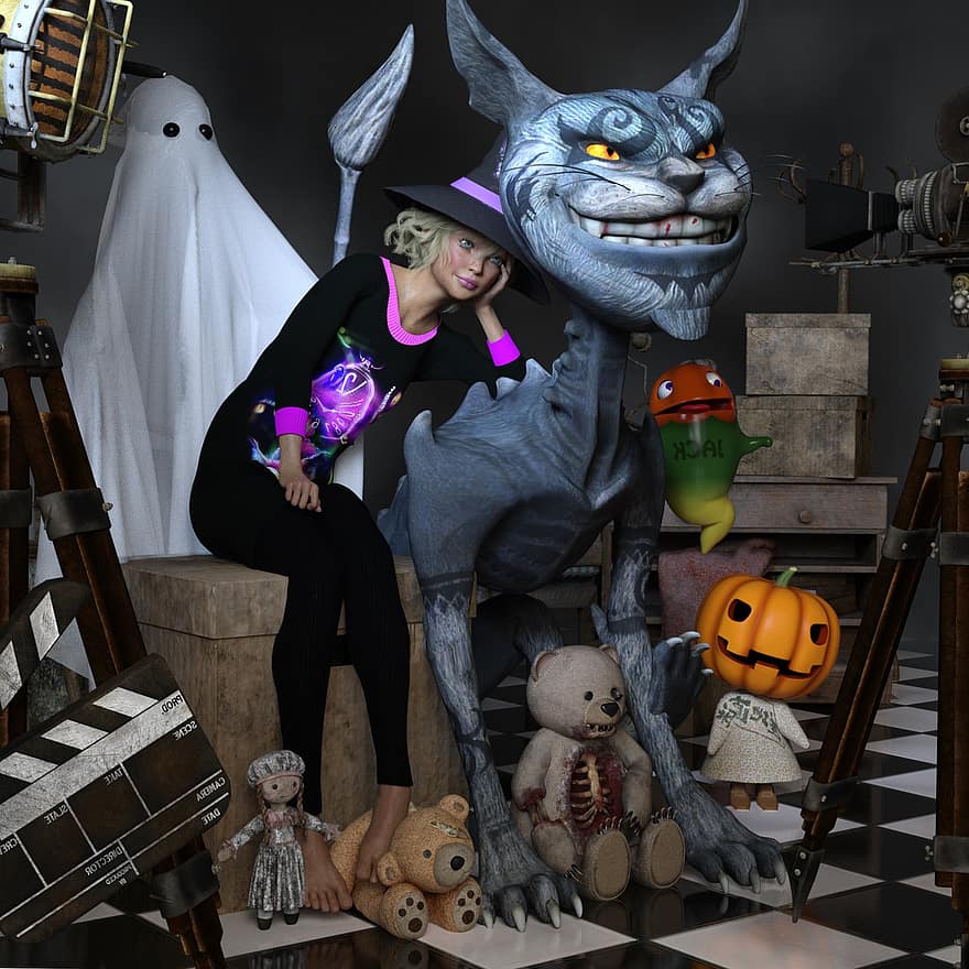 halloween, Kot z Cheshire, duch, dynia, Miś, zdjęcie grupowe, scena, lalka, czarownica, przerażający, przerażenie