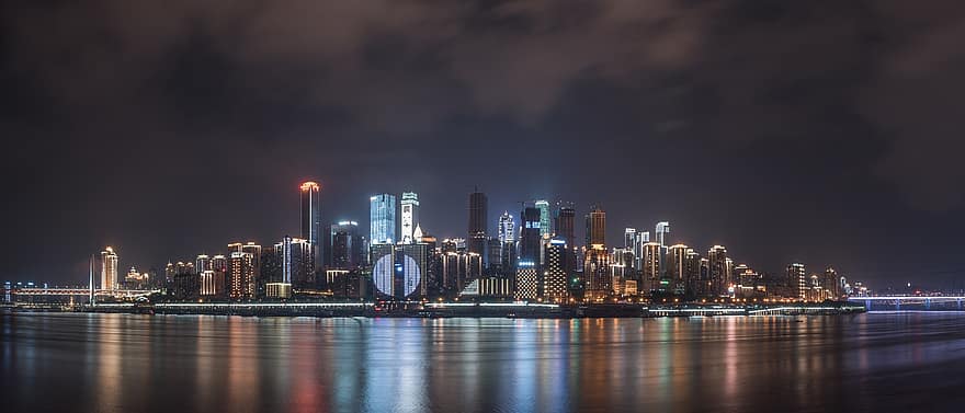 Chongqing, ville, rivière, Chine, nuit, l'horizon, paysage urbain, immeubles, grattes ciels, Urbain, rivière Yangtze