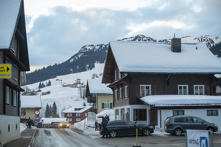 Šveice, ziemā, pilsēta, ciemats, sniegs, kalns, ceļot, auto, ēkas ārpuse, ledus, sezonā