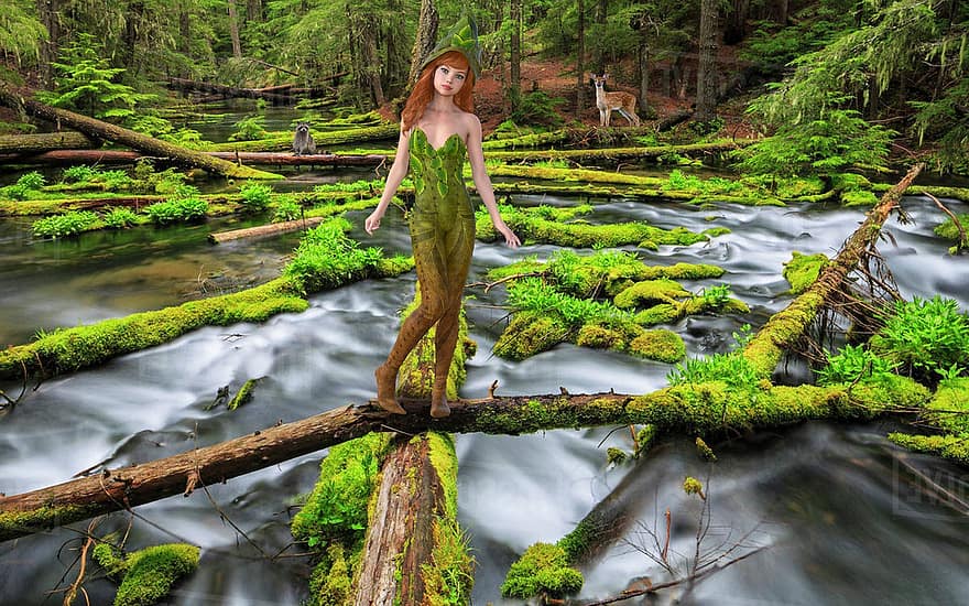 Elf, Fair Folk, Forest, Woods, Background, Stream, Fantasy, Mythical Creature, green color, tree, water