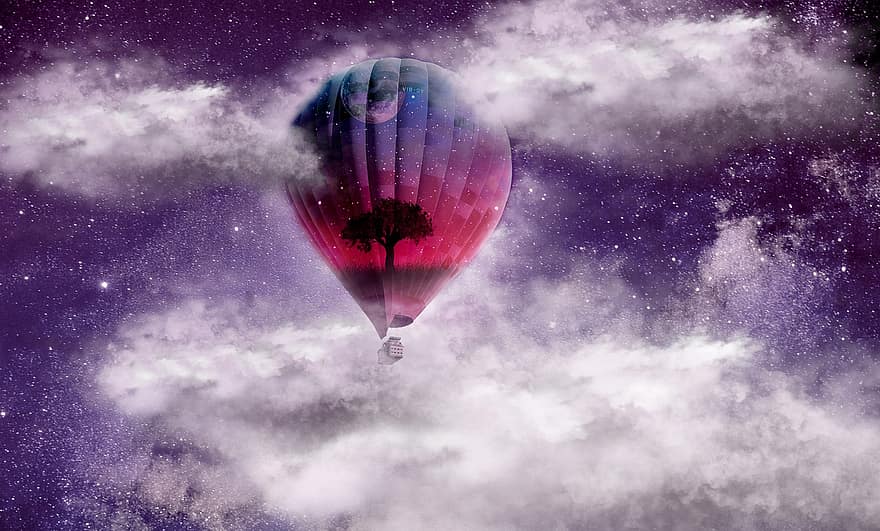 fantasía, globo aerostático, sueño, nubes, volador, noche, espacio, galaxia, vehículo aéreo, aventuras, transporte