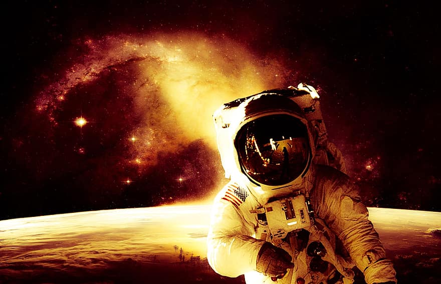 rymden, man, astronaut, yttre, vetenskap, kosmonaut, flytande, flygande, se, astronomi, atmosfär