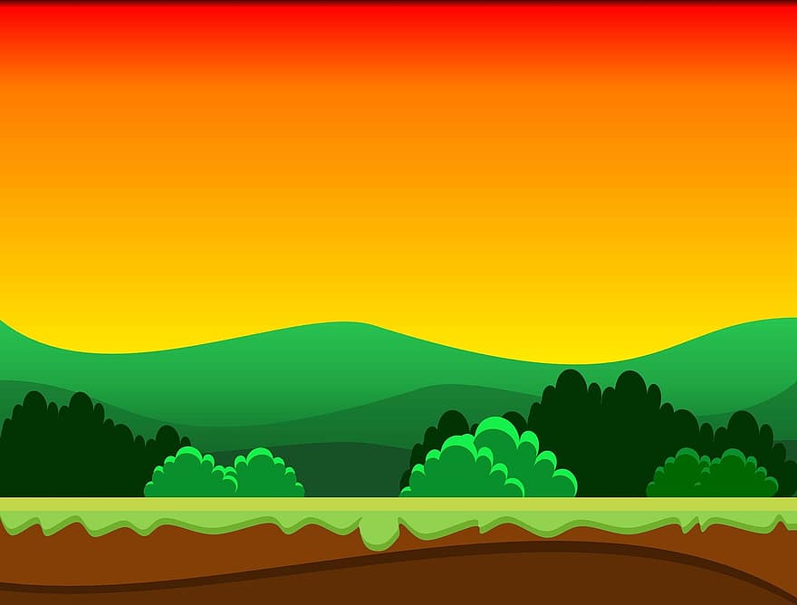 cartone animato, sfondo, tramonto, natura, paesaggio