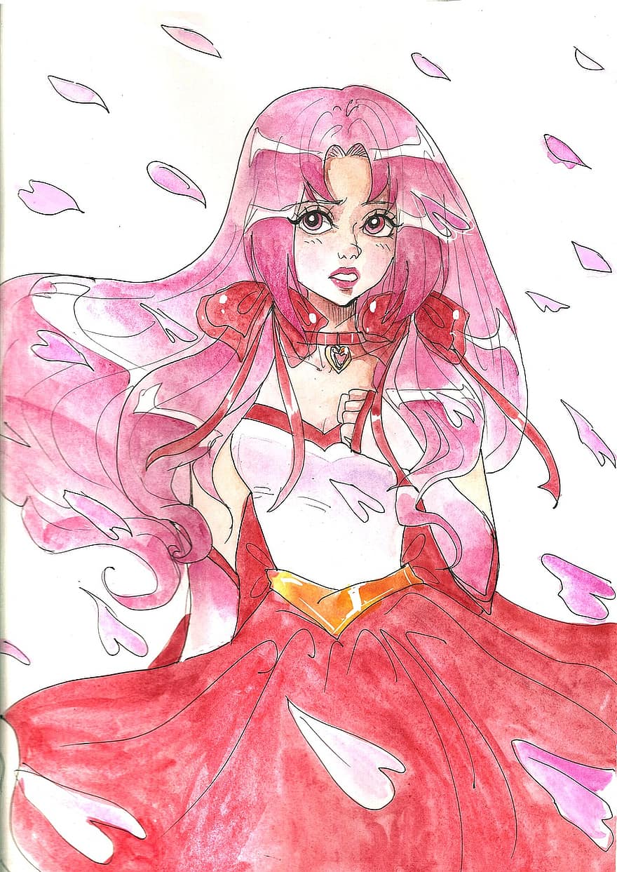 Pink, Petals, Sakura, Drawing, Anime, Style, Red, Watercolor, Young Woman, Teen, women