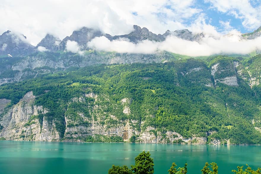 озеро, горы, Швейцария, Walensee, облака, природа, гора, пейзаж, утес, воды, летом