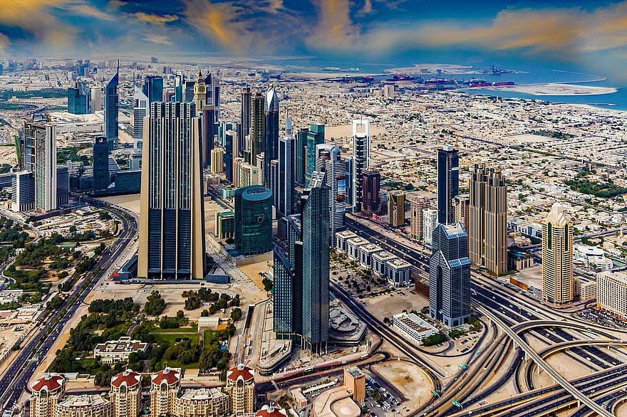 bygninger, skyskrapere, by, bybildet, skyline, sentrum, Urban, flybilde, panorama, dubai, De forente arabiske emirater