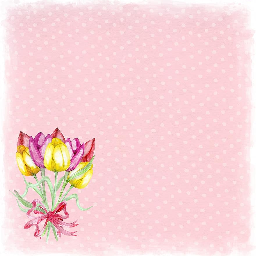 квітковий, рожевий, пунктирною, фон, тюльпан, тег, м'який, пастельні, смужка, записках, круглі