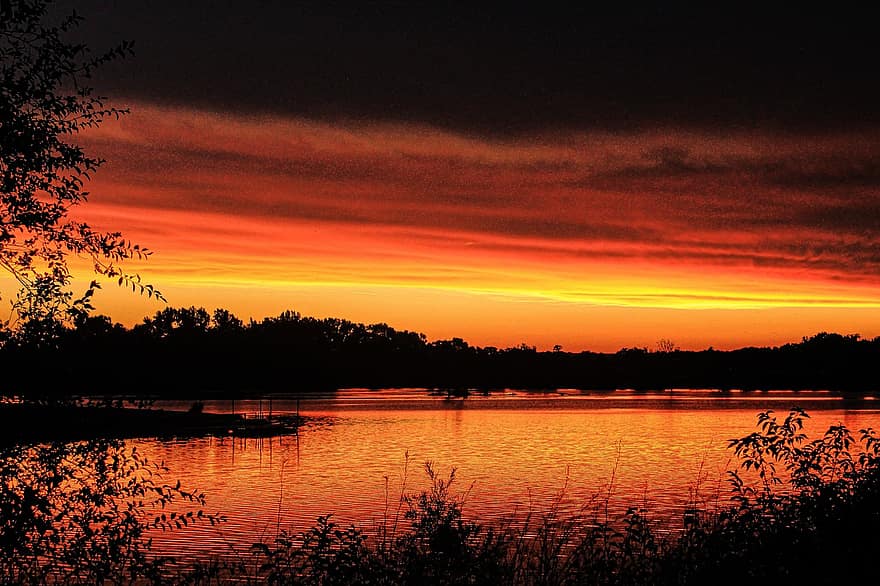 le coucher du soleil, Lac, silhouette, eau, la nature, paysage, crépuscule, soir, ciel orange, scénique