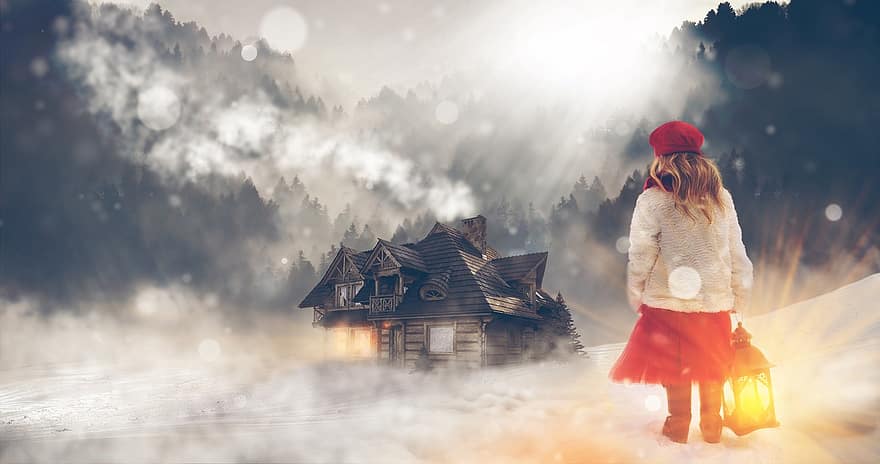 Winter, Snow, House, Landscape, Christmas, Christmas Eve, Log Cabin, Trees, Girl, Lamp, Shining