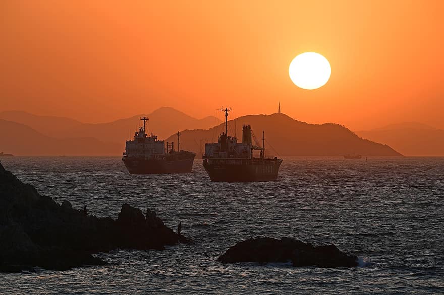vaixells, oceà, posta de sol, mar, brillar, cel, Busan