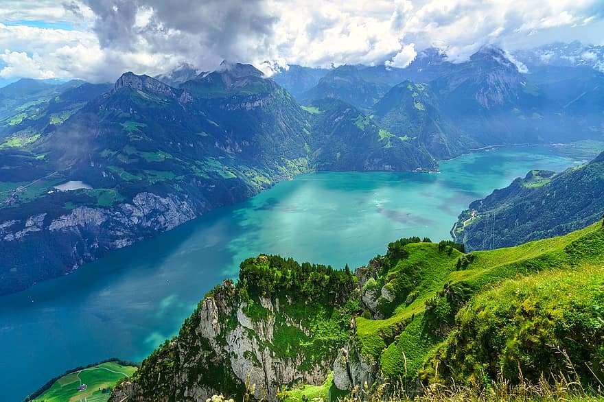 gunung, danau, alam, puncak, pegunungan Alpen, pegunungan, air, indah, wilayah danau lucerne, pemandangan, warna hijau