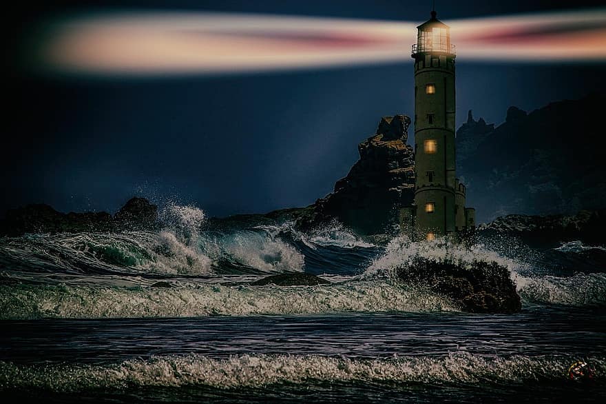 Sea, Lighthouse, Coast, Beach, Light, Waves, wave, coastline, water, night, beacon