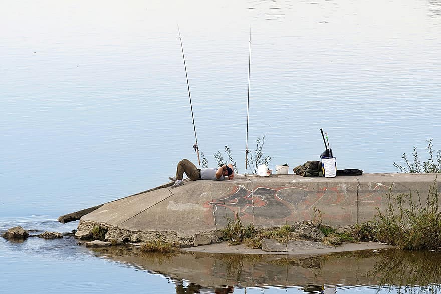 vyras, žvejys, strypai, gulėti, jei jūs ar jūsų telefonas, upė, sala, natūraliai