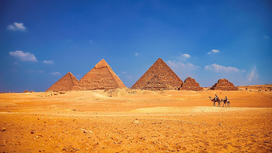 परिदृश्य, पिरामिड, रेगिस्तान, रेत, स्मारक, प्राचीन, ऐतिहासिक, चेप्स का पिरामिड, खुफु का पिरामिड, गीज़ा के महान पिरामिड, ऊंट