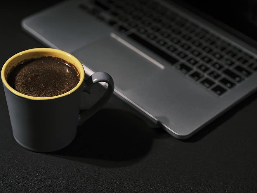 drinken, koffie, cafeïne, kop, mok, breken, ontbijt, ochtend-, heet, detailopname, laptop