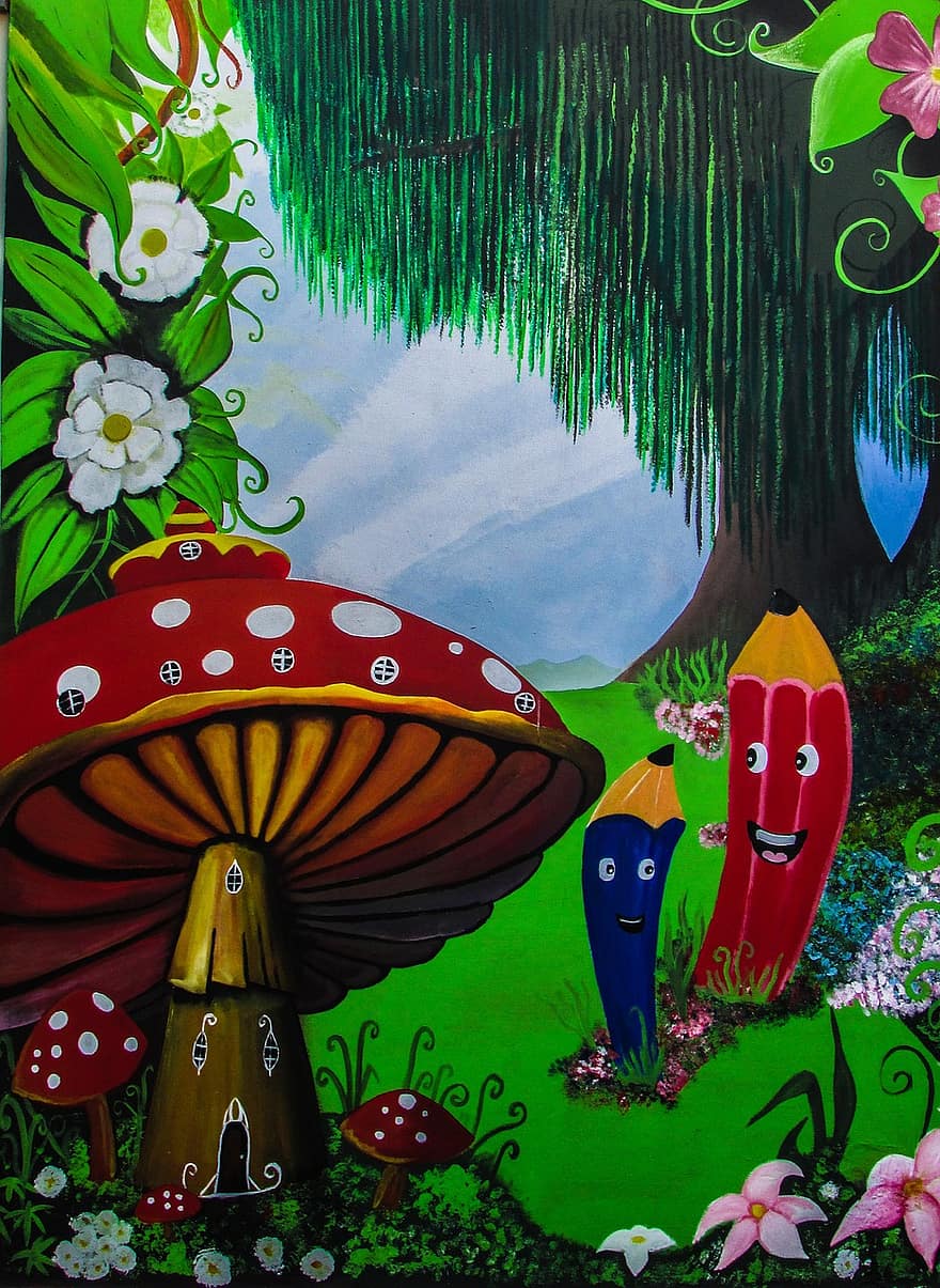 scuola materna, pittura, parete, colorato, fantasia, fungo