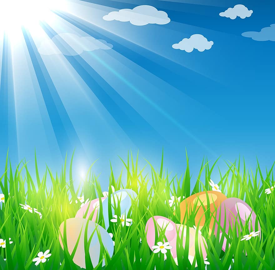 tło Wielkanoc, trawa wielkanocna, pisanki, światło słoneczne, promienie słoneczne, chmury, polowanie na jajko wielkanocne, trawa, Wielkanoc, Zielony, wiosna