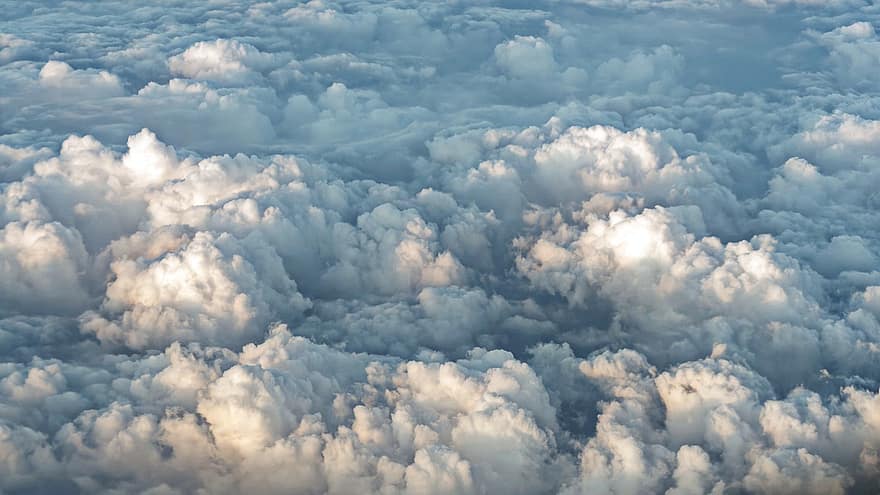 wolken, Donzige wolken, stapelwolken, vliegtuig, atmosfeer, hoogte, wolk, hemel, blauw, weer, stratosfeer
