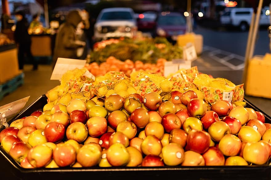 äpplen, bondens marknad, sälja, företag, frukt, försäljning, friskhet, mat, äta nyttigt, närbild, organisk
