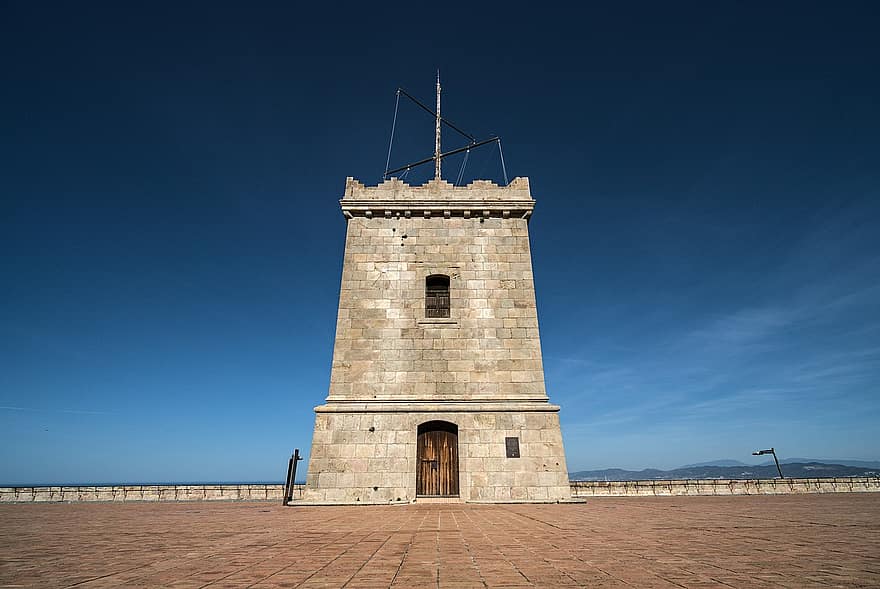 castello di montjuïc, fortezza militare, Torre, architettura, castello, costruzione, struttura, storico, posto famoso, vecchio, blu