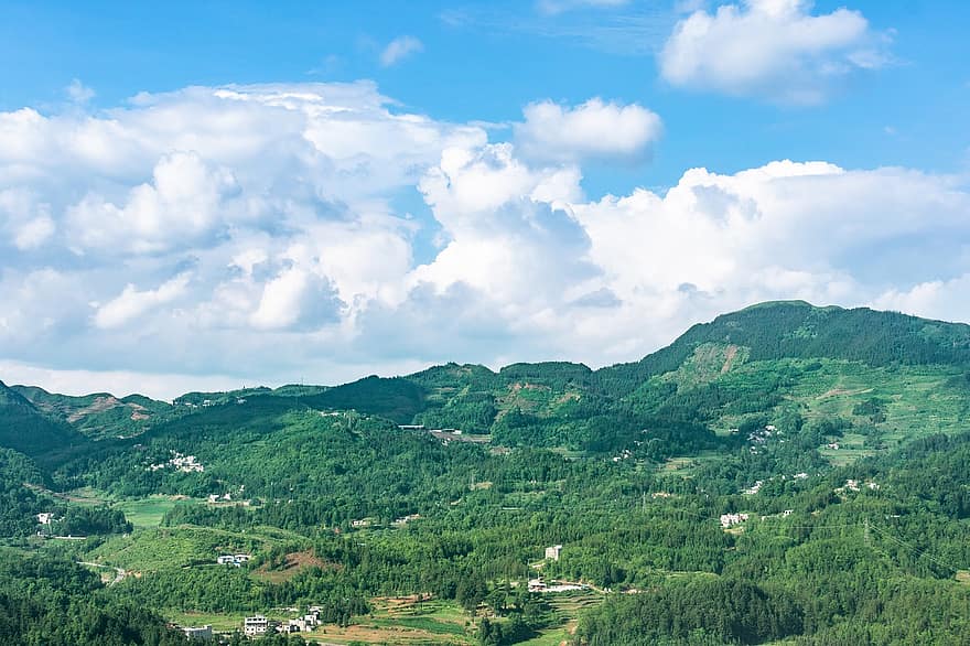 гора, деревня, панорама, Декорации, облако, небо, лес, плато, плато Юньнань-Гуйчжоу, Guizhou, 晴隆