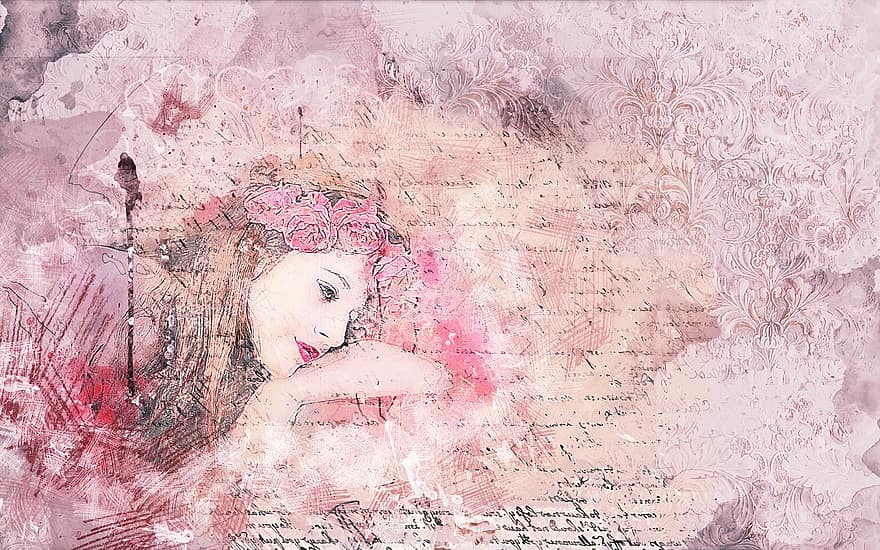 Girl, Spring, Flowers, Wreath, Romantic, Art, Abstract, Scrapbooking, Collage, Vintage, Page