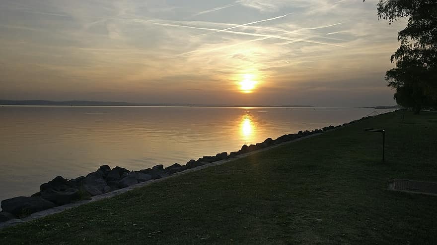 lago, pôr do sol, natureza, Hungria