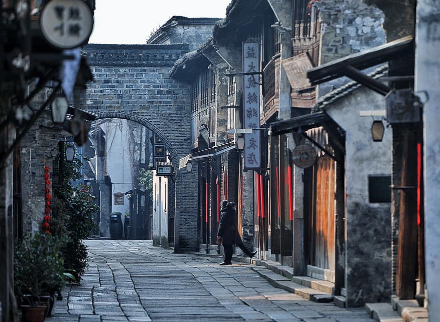 gamla stan, gammal byggnad, Kina, Jiangnan, månat nytt år, arkitektur, män, gående, stadsliv, känt ställe, kulturer