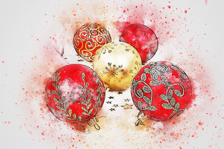 Noël, des balles, art, abstrait, aquarelle, ancien, coloré, T-shirt, artistique, conception, éclaboussures de peinture