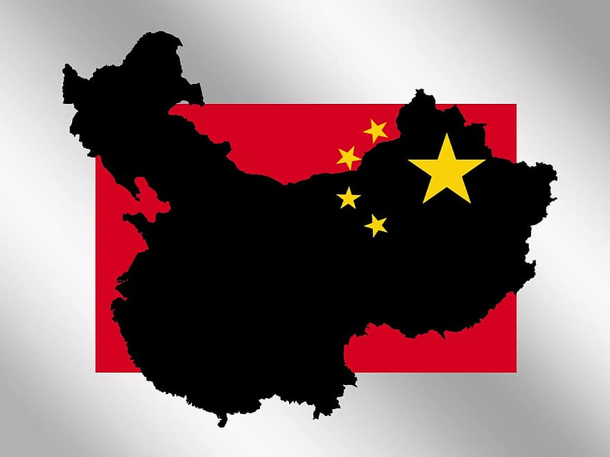 China, mapa, bandera, rojo, contorno, fronteras, estrella, socialismo