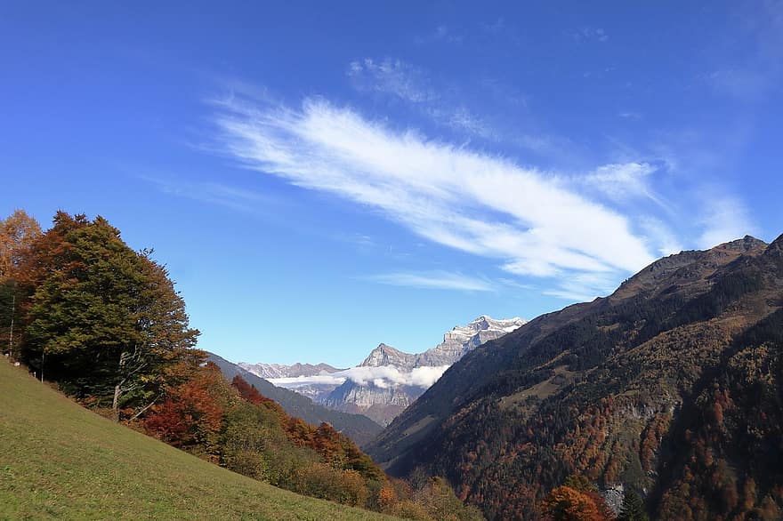 山岳、グラールス州、スイス、風景、白い山