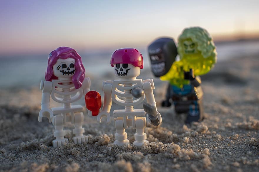 лего, Хелоуин, мини фигури, скелет, плаж, пясък, играчка, хора, оловен войник, пластмаса, малък