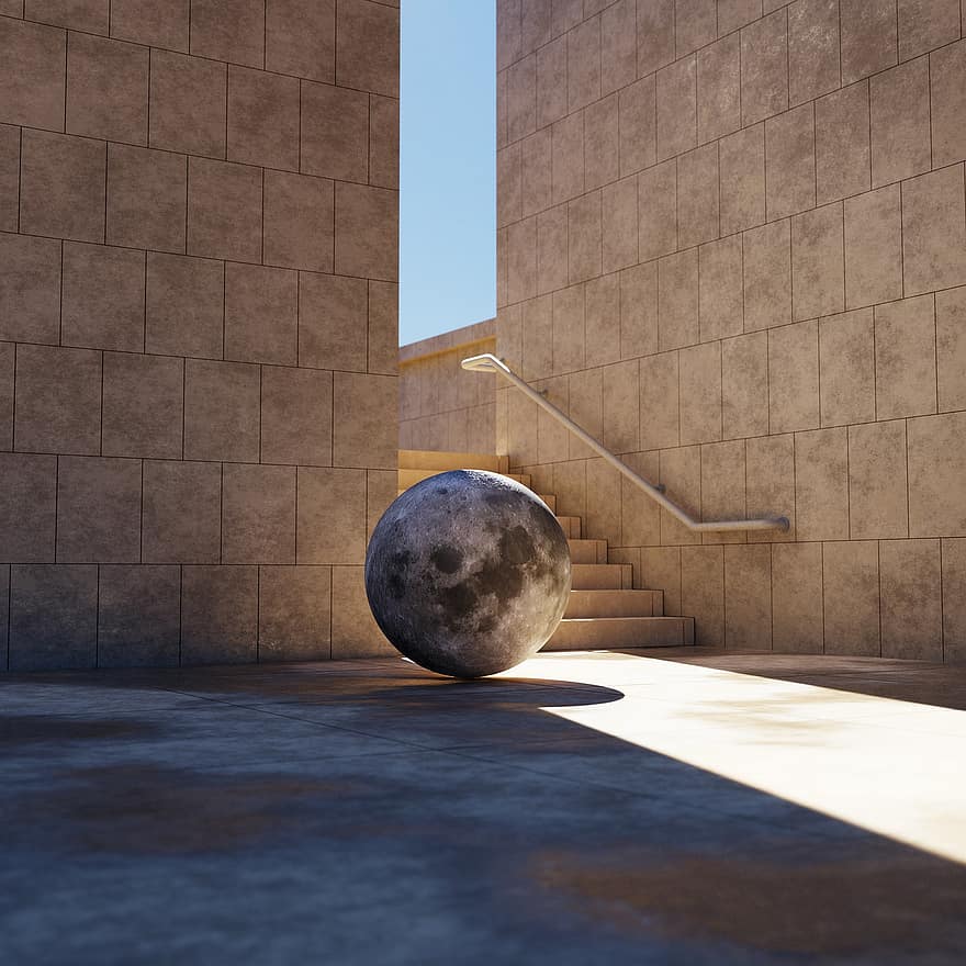 Moon, Abstract, Surreal, Minimalism, Render, Composition, Exterior, Concrete, 3d, Wallpaper, Geometric