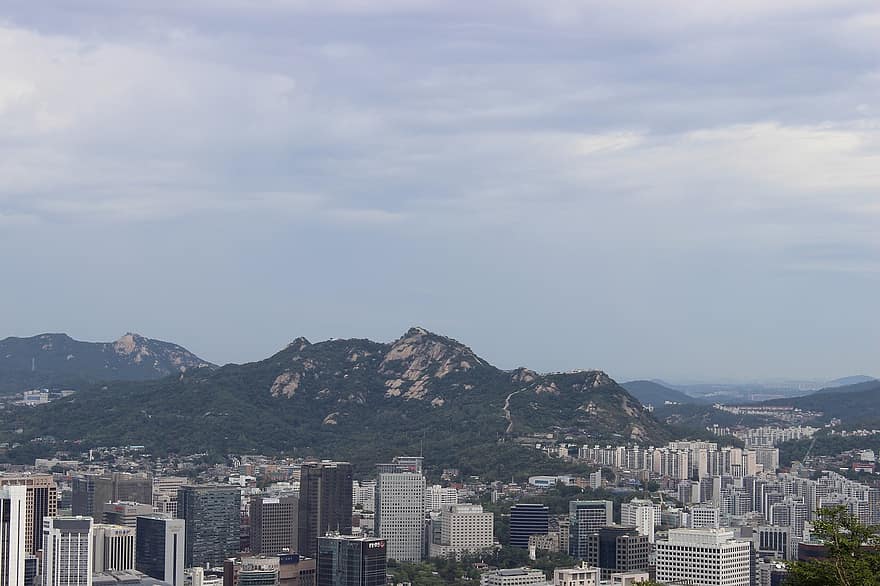 fjellene, skyline, bygninger, by, bybildet, utsikt