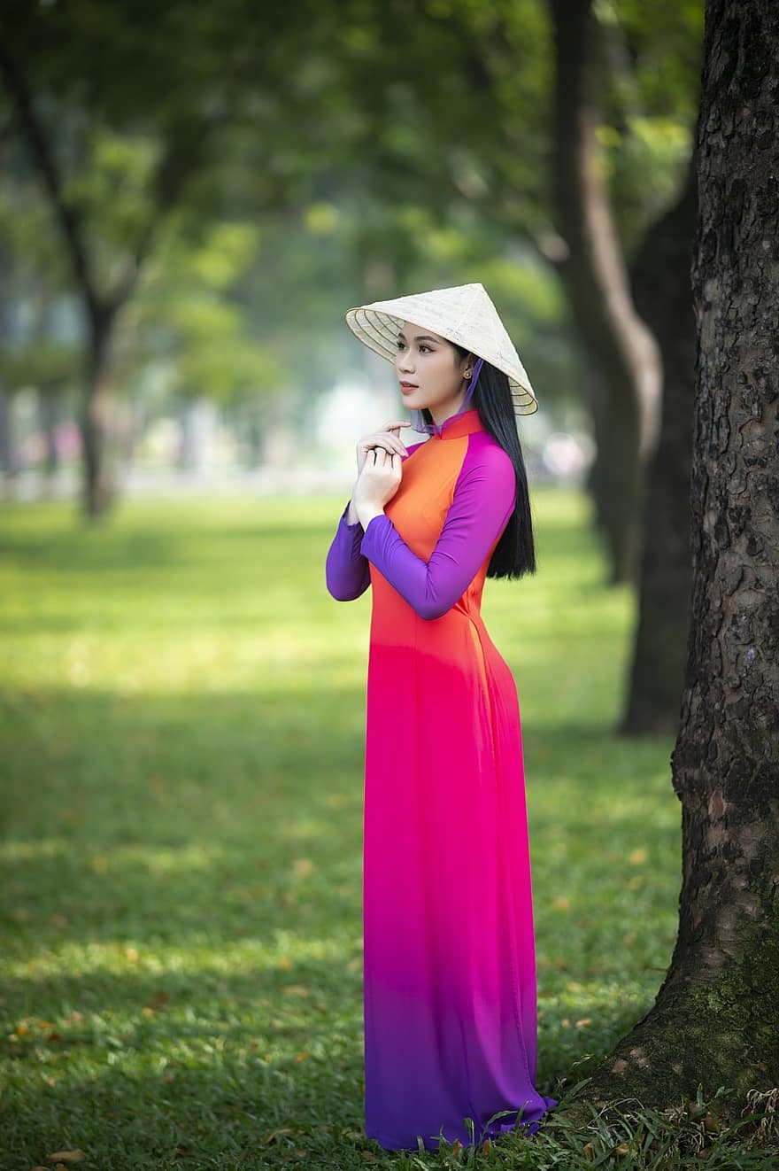 ao dai, asiático, modelo, fêmea, Mulher asiática, modelo feminino, vestido rosa, vestido tradicional, modelagem, pose, posando