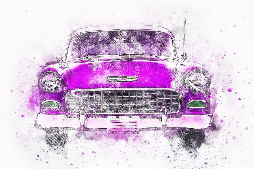 bil, gammel bil, Kunst, abstrakt, vannfarge, årgang, auto, kunstnerisk, T skjorte, Aquarelle, fargerik