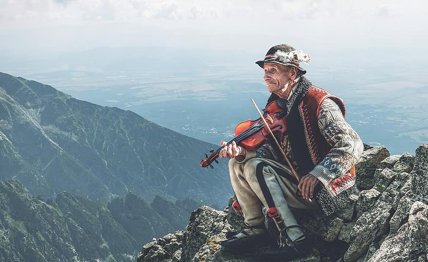 폴란드, 고지 사람, 산, 음악가, 폴란드 하이랜더, 바이올린 연주자, 노인, 남자, 산들, 사람들, 음악