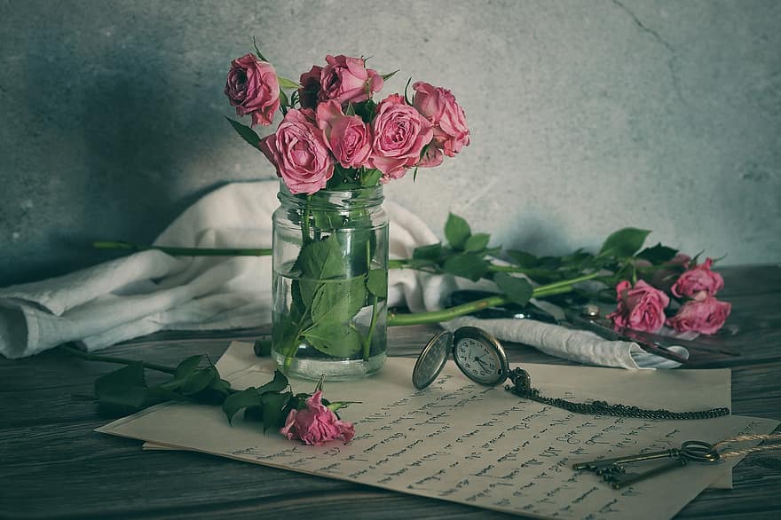 Blumen, Rose, blühen, Vase, Strauß, Blume, Tabelle, Romantik, Holz, Dekoration, Blütenblatt